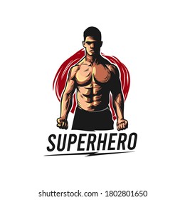 Vector Superhéroe Hombre con logotipo Ilustración Sólido Emblema Muscular Carácter Retro Clásico