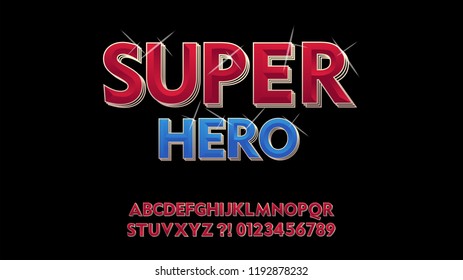 Vector superhero retro stylish. Cool Font. shining 3D Alphabet Letters, Numbers and Symbols