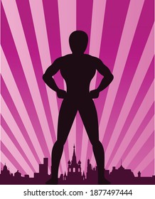 Vector Superhero Silhouette with Sunburst Effect Background stock illustration