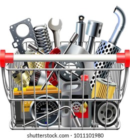 Vector Supermarket Cart with Car Parts Rear View  isolated on white background