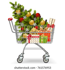 Vector Supermarket Cart with Christmas Tree isolated on white background