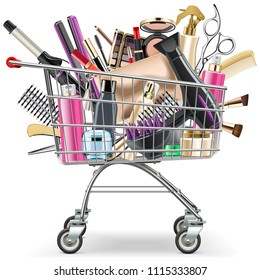 Vector Supermarket Cart with Professional Cosmetics isolated on white background