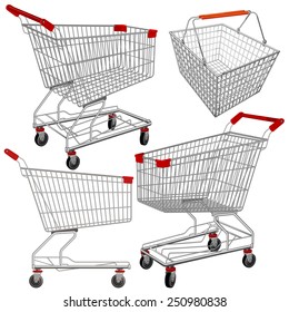 Vector supermarket carts and baskets. Easy to edit and put something in.