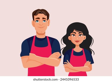 
Vector Supermarket Clerks Standing and Serving Customers with a Smile. Waiter and waitress standing proud doing his job 
