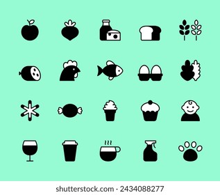 Vector supermarket food illustrations. Modern grocery icon set. Shop department navigation pictograms. Store section product templates such as fruit, dairy, milk, cheese, chicken, coffee, frozen