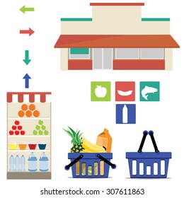 Vector supermarket icons. Full and empty shopping basket, grocery shelf, arrows and meat, fish, fruit and drink symbols. Grocery department