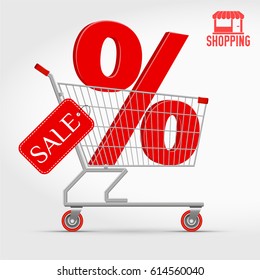 Vector Supermarket Shopping Cart Full of 3D Big Red Percentage Sign and a Sale Label. Editable Hi-Detailed Vector Illustration Isolated on White. Big Discount Concept. Red Shopping Logo as a Bonus.