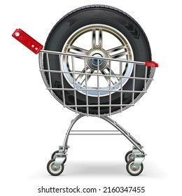 Vector Supermarket Trolley with Car Wheel isolated on white background
