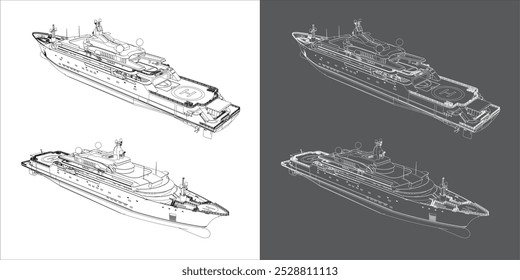 Dibujos técnicos del superyate del Vector. Planos estupendos del yate de la línea en fondo aislado