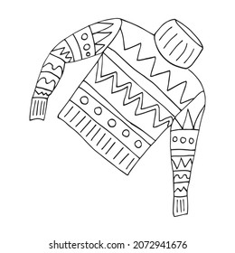 Vector supplies for the new year, scarf, sweater, felt boot, mitten, garlands. Isolated. Drawn by hand. Coloring pages for children and adults. Cartoon