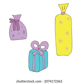 Vector supplies for the new year, scarf, sweater, felt boot, mitten, garlands. Isolated. Drawn by hand. Coloring pages for children and adults. Cartoon