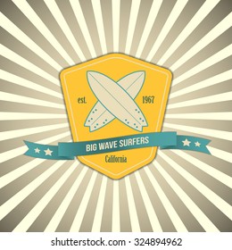 Vector surf badge on outburst background. T-shirt surfboard vintage graphic design. Inspirational sports poster.