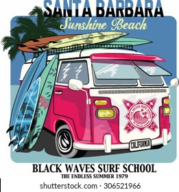 vector surf bus.surf board shop.vintage poster.