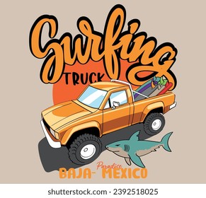 vector surf car pick up illustration for t shirt print designs