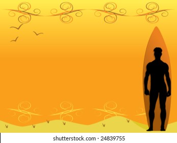 Vector Surf Design. Silhouette and board on beach.