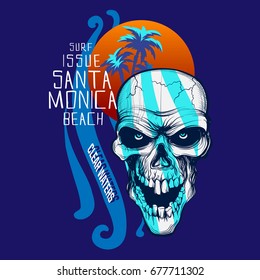 Vector Surf  graphic with a scary skull / palm trees and sunset