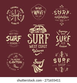 Vector Surf Graphics, insignias, typography, t-shirt, apparel design. Texture effects can be turned off.