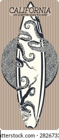 Vector Surf Graphics. Surfboards decorated with geometric tribal, ethnic ornaments and hand drawn octopus illustration. Can be used in t-shirt, apparel designs.