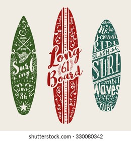 Vector Surf Graphics. Typographic decorated surfboards. Texture effects can be turned off.