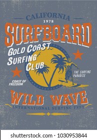 vector surf illustration and palm tree silhouette print