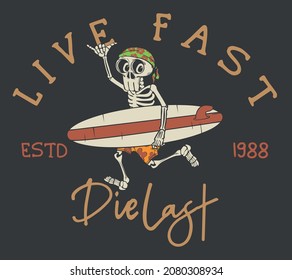 vector surf illustration for t shirt print. skeleton illustration. skull drawing. comic print 