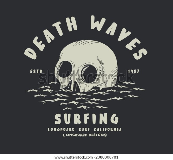 vector surf illustration for t\
shirt print. skeleton illustration. skull drawing. comic print\
