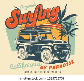 Vector Surf And Off Road Car And Palm Tree Silhouette