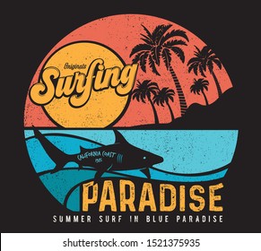 vector surf and paradise and shark silhouette print 