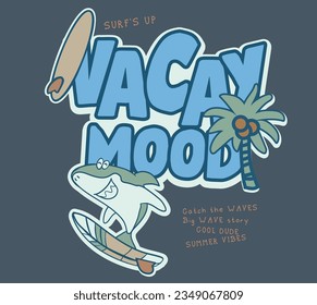 vector surf print and cartoon shark illustration for kids tee  