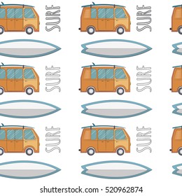 Vector surf seamless pattern with furgo. Summer adventure texture.Holidays concept.Vacations idea. Equipment and things for surfers. Background for travelling, trips, shops, web-design template.
