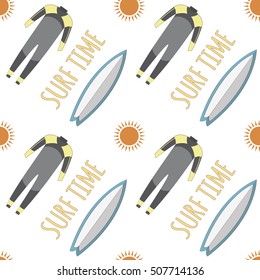 Vector surf seamless pattern. Summer relax texture.Holidays concept.Vacations idea. Equipment and things for surfers. Background for shops, web-design template. Long board and wetsuit illustration