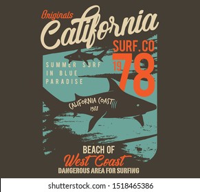vector surf and shark illustration print