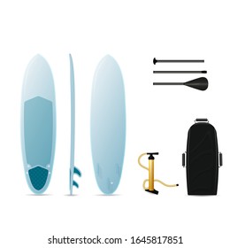 Placa de surf vectorial con tres lados. Surfboard, paleta, bomba y bolsa de surf.