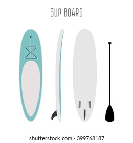 Vector surf sup board with three sides. Blank template. Three projections. Surfboard types. Surfboard icon. Surfboard figure.