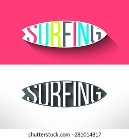 Vector surf typography inside surging board. T-shirt surfboard graphic design. Inspirational sports background.