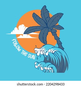 Vector surf wave and palm tree   illustrtion for t shirt prints
