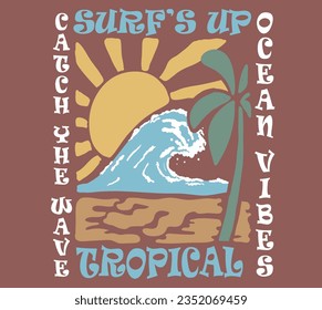 vector surf wave and palm tree and sun illustration for t shirt print