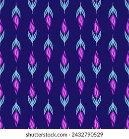 Vector surface design with simple pink flowers in a row on a purple background. Seamless geometric floral pattern for fabrics, wallpaper and wrapping paper.