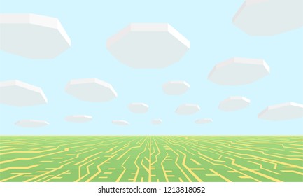 Vector. The Surface Of The Electronic Board As A Field. The Lines Of Contact Go Beyond The Horizon. Above The Octagonal Clouds Hover.