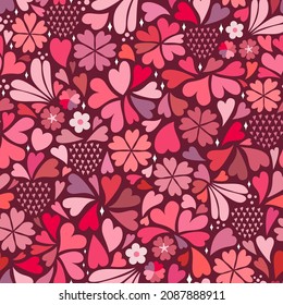 Vector surface pattern with classic pink and red scattered hearts, flowers and sparkles shapes. Valentine’s Day romantic holiday 14 February #lovecore trend attributed to Gen Z and younger generations