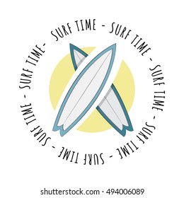 Vector surfboard emblem. Surfing related summer typography poster. Template for surf shop, icon and symbol of summer sport, logotype for surf school