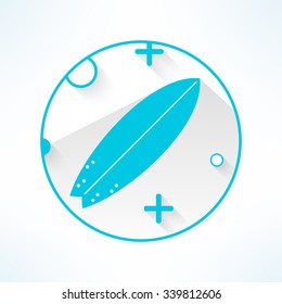 Vector surfboard icon in modern flat design with geometrical ornament. Surfing board with long shadow.