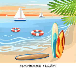 Vector surfboard illustration in flat style design Isolated on white background Color set. Sea extreme sport pattern. Vector illustration.