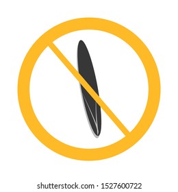 Vector surfboard not allowed sign on white background with yellow circle.  Illustration can use in cafe, restaurant. 