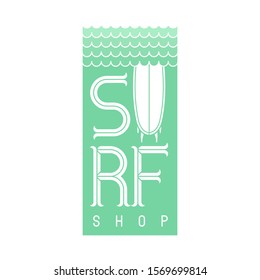 Vector Surfboard with ocean waves and Surfing lettering. Surfboard shop logotype. Vector ocean sports shop, logotype trip banner, surf station, summer t shirt print.
