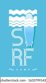 Vector Surfboard with ocean waves. Surfing lettering. Surfboard camp logotype. Surf sports camp text. Vector logotype trip banner, surf station, summer t shirt print.