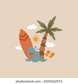 vector surfboard and palm tree