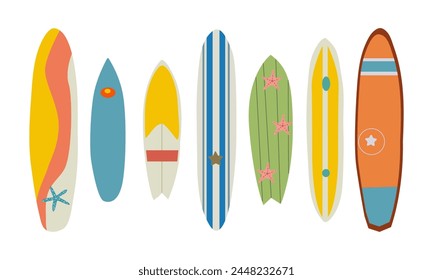 vector surfboard set isolated on white background, various surf tables, flat style, cartoon vector illustration