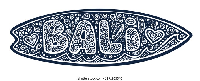 Vector surfboard silhouette with doodle style Bali sign, waves and ornate drops