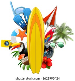 Vector Surfboard with Tropical Concept isolated on white background